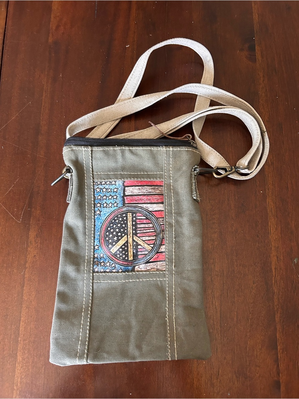 Vintage Olive Canvas Bag with Black Leather Nameplate